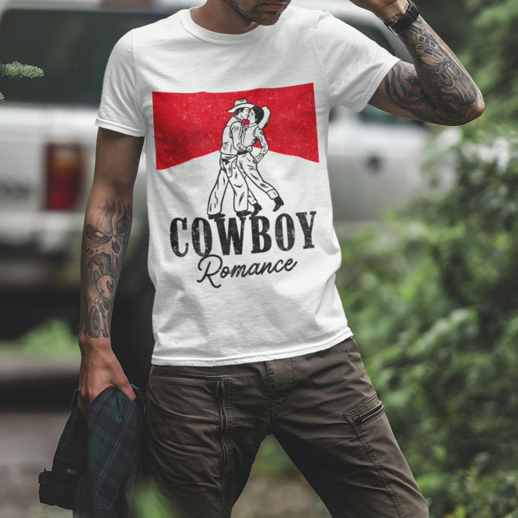 Cowboy Romance Book Tee with Gay cowboys kissing 