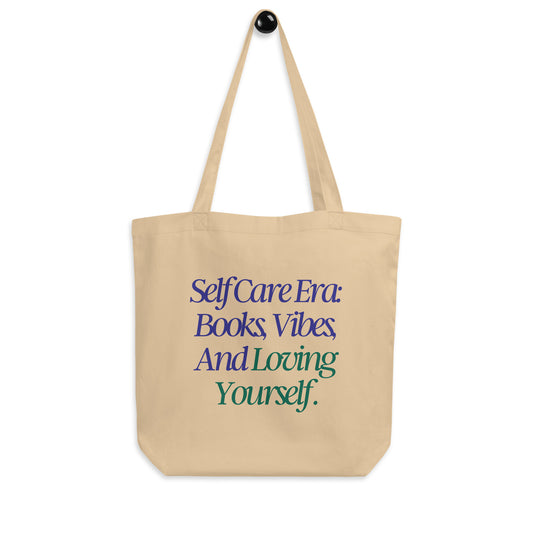 Romance book tote that reads Self Care Era: Books, Vibes, And Loving Yourself Tote Bag