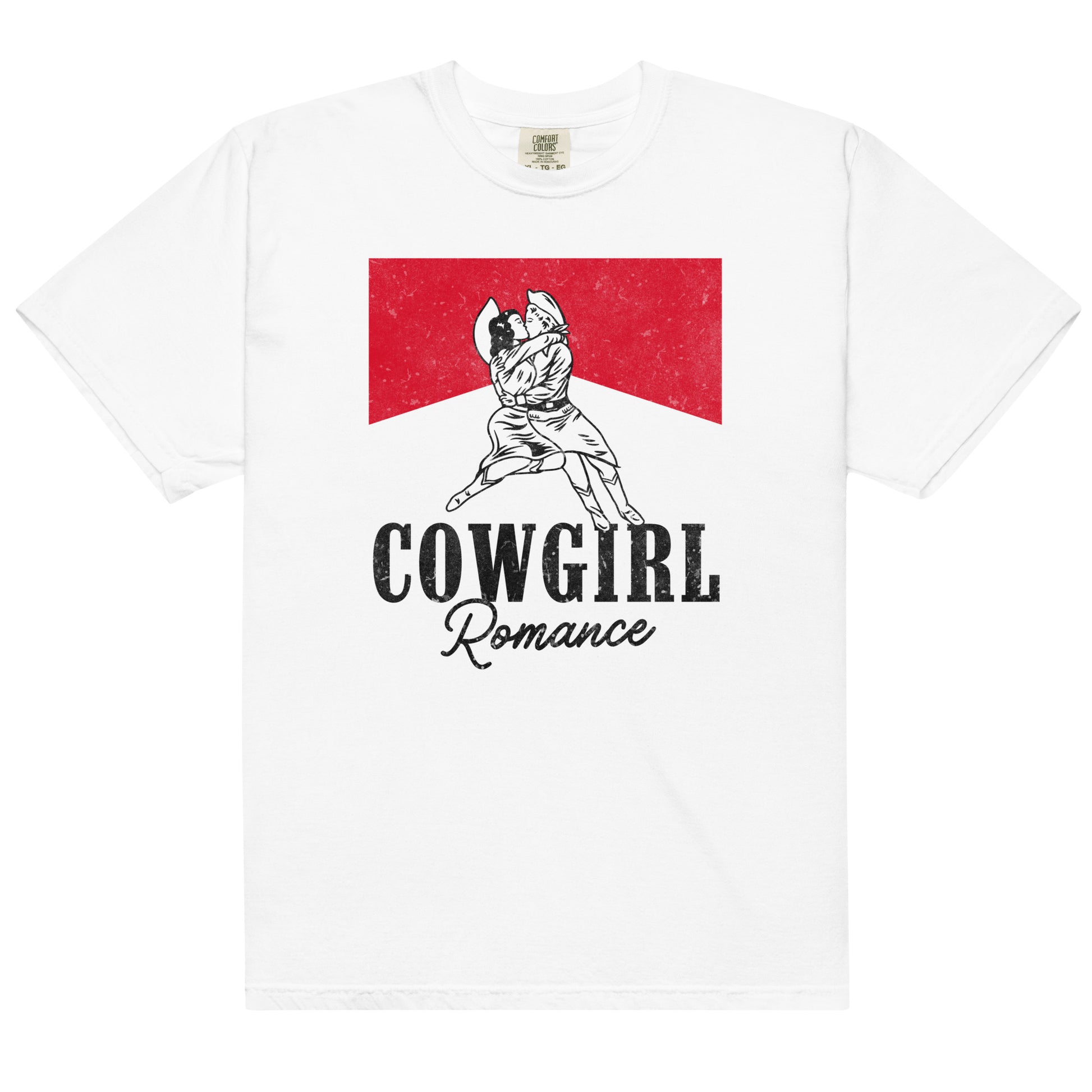 Cowgirl Romance Book Tee with Lesbian cowgirls kissing 